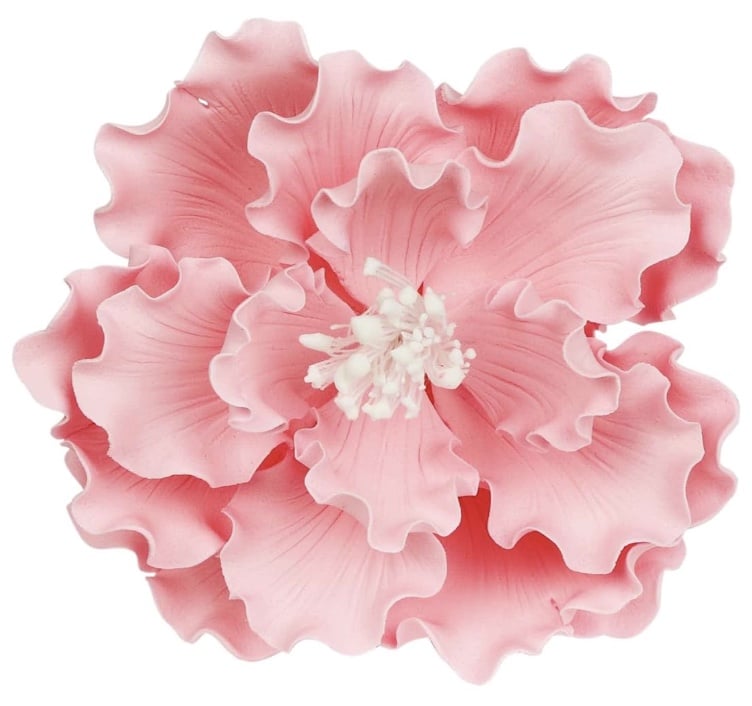 A realistic, handmade pink flower with layered, ruffled petals and white stamens in the center, viewed from above on a plain white background—my favorite flower inspiration for delicate floral designs.